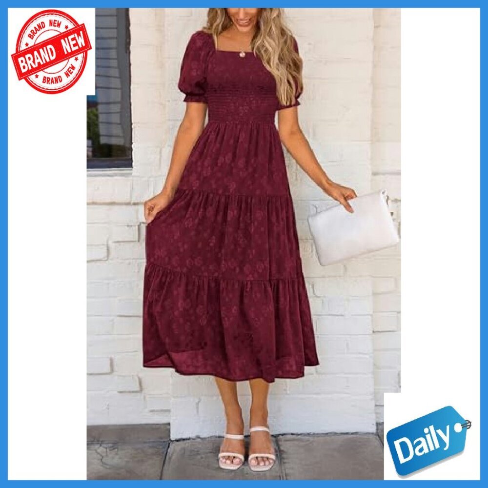 Square Neck Midi Dress with Pockets, Smocked Bodice, Ruffle Sleeves - Picture 4 of 8